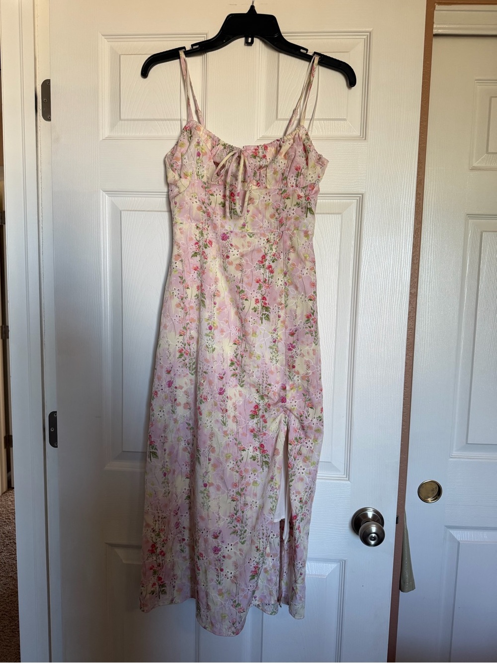 All in Favor Pink Floral Midi Slip Dress with Tie Neck